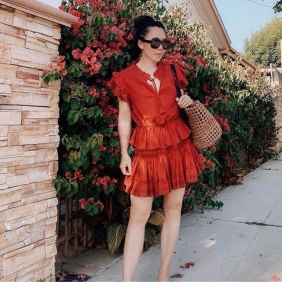 Misa Lillian Rust Orange/Red Tiered Ruffle Blouson Linen Blend Mini Dress Small - Picture 2 of 11